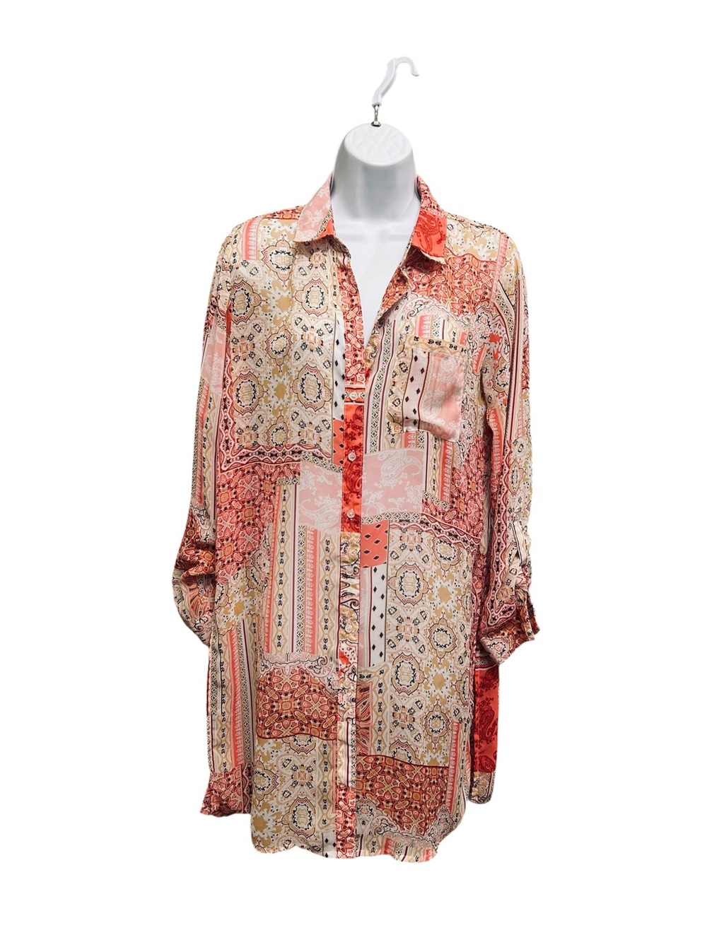 Tamara H. Patchwork Tunic Shirt Dress M Pink Semi Sheer Button Up Side Slit
